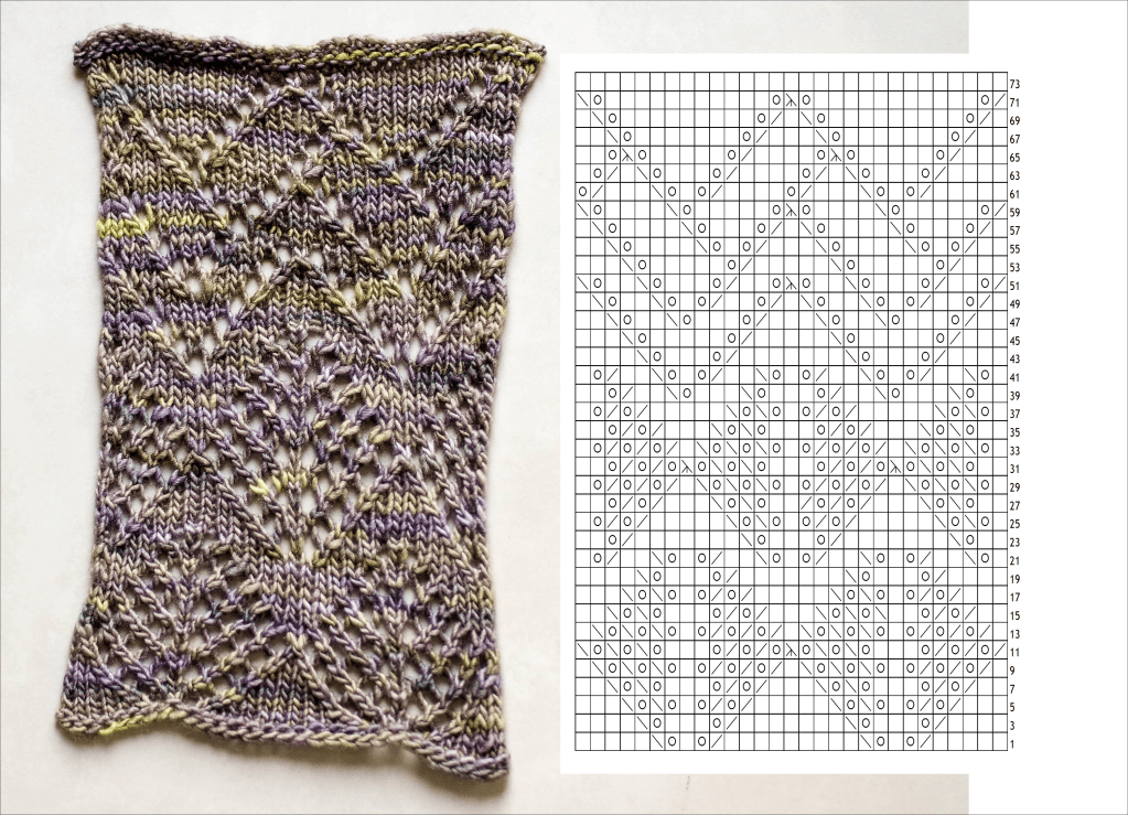 A side-by-side comparison of a knit lace swatch and the pattern chart.