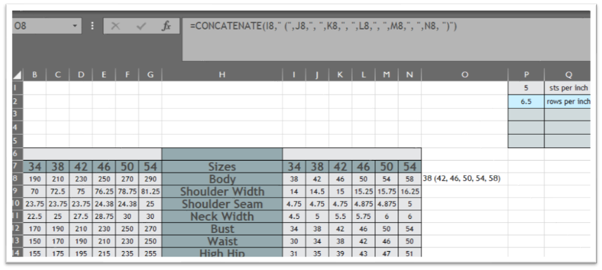 A picture of an excel spreadsheet showing the concatenate function
=CONCATENATE(I8," (",J8,", ,"K8,", ,"L8,", ,"M8,", ,"N8, ")")