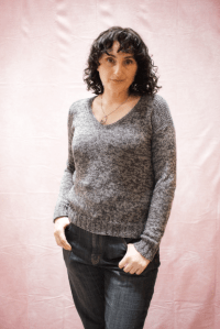 Kephren wearing the Lake Geneva sweater with 2"/5 cm negative ease